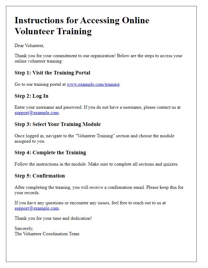 Letter template of instructions for accessing online volunteer training