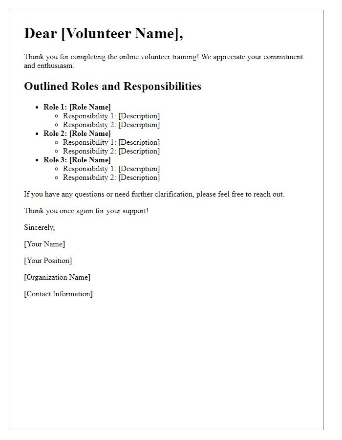 Letter template of outlining roles after online volunteer training