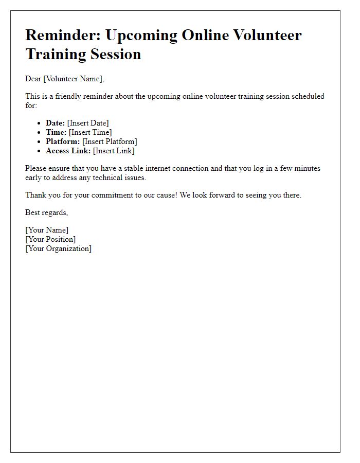 Letter template of reminder for upcoming online volunteer training session