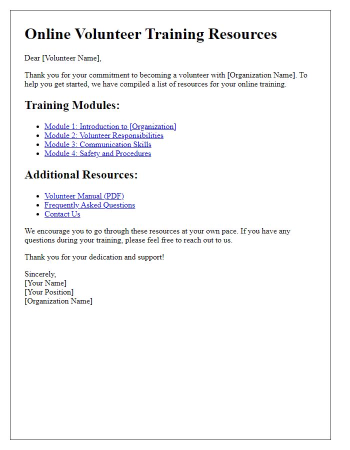 Letter template of resources provided for online volunteer training