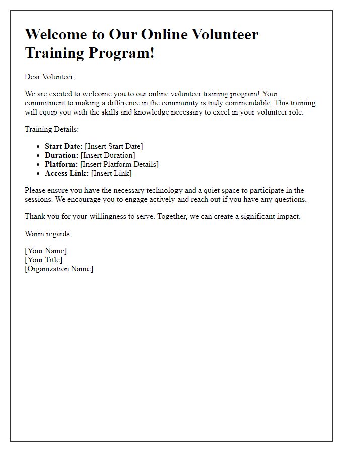 Letter template of welcome to online volunteer training program