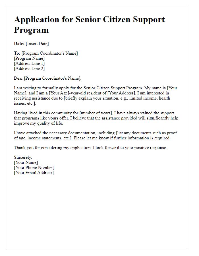 Letter template of application for senior citizen support program