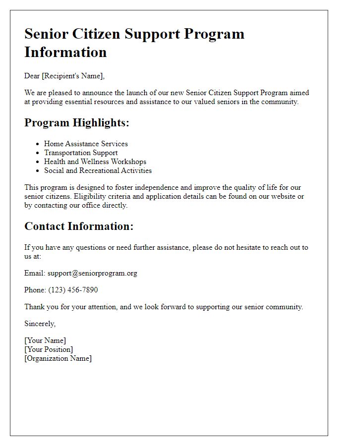 Letter template of information about senior citizen support program