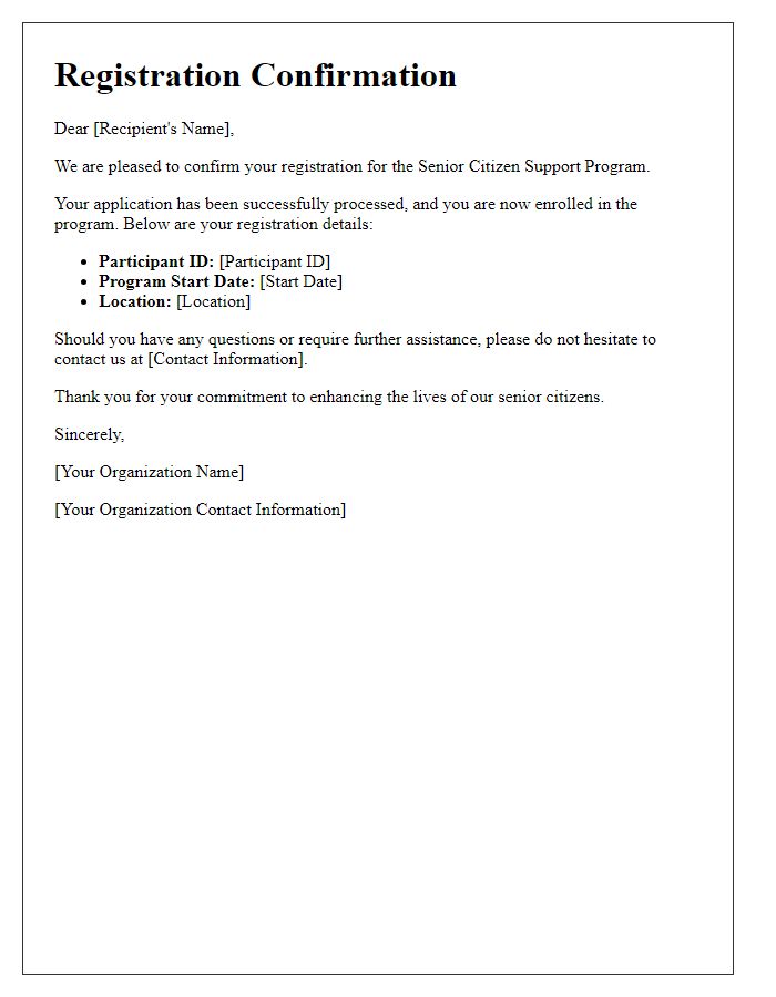 Letter template of registration confirmation for senior citizen support program