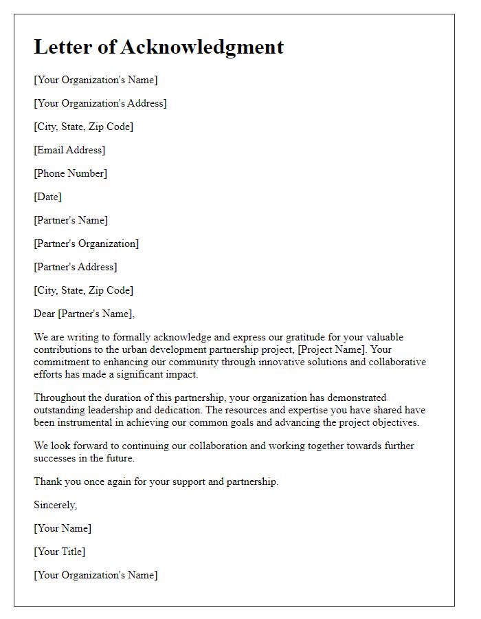 Letter template of acknowledgment for urban development partnership contributions.