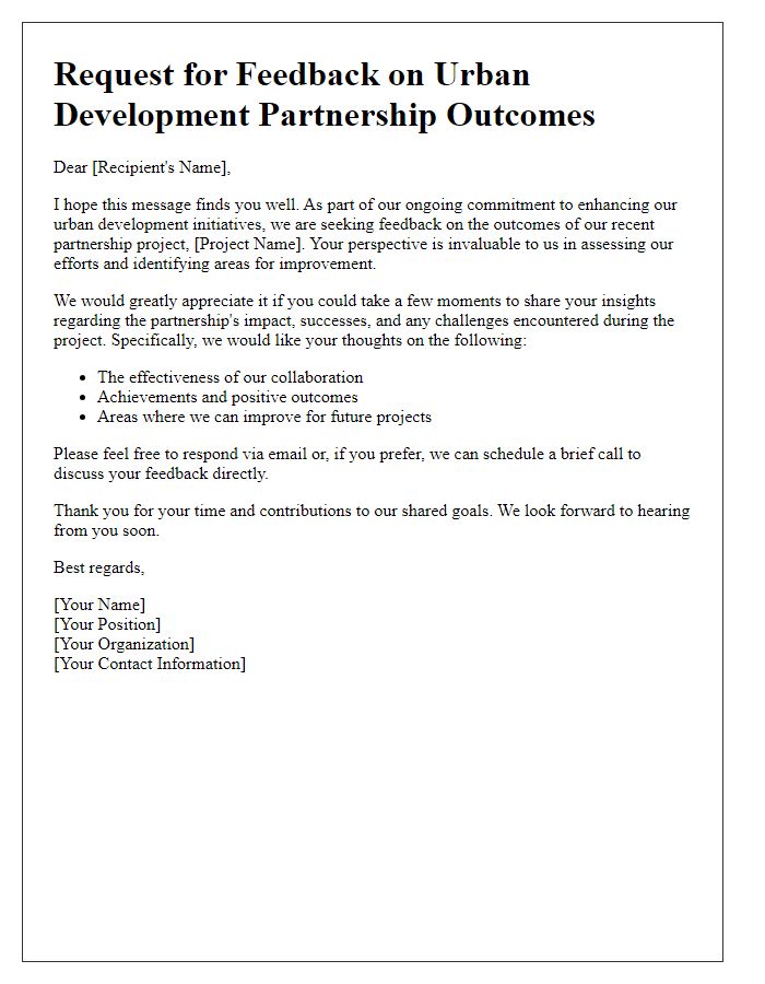 Letter template of feedback request on urban development partnership outcomes.