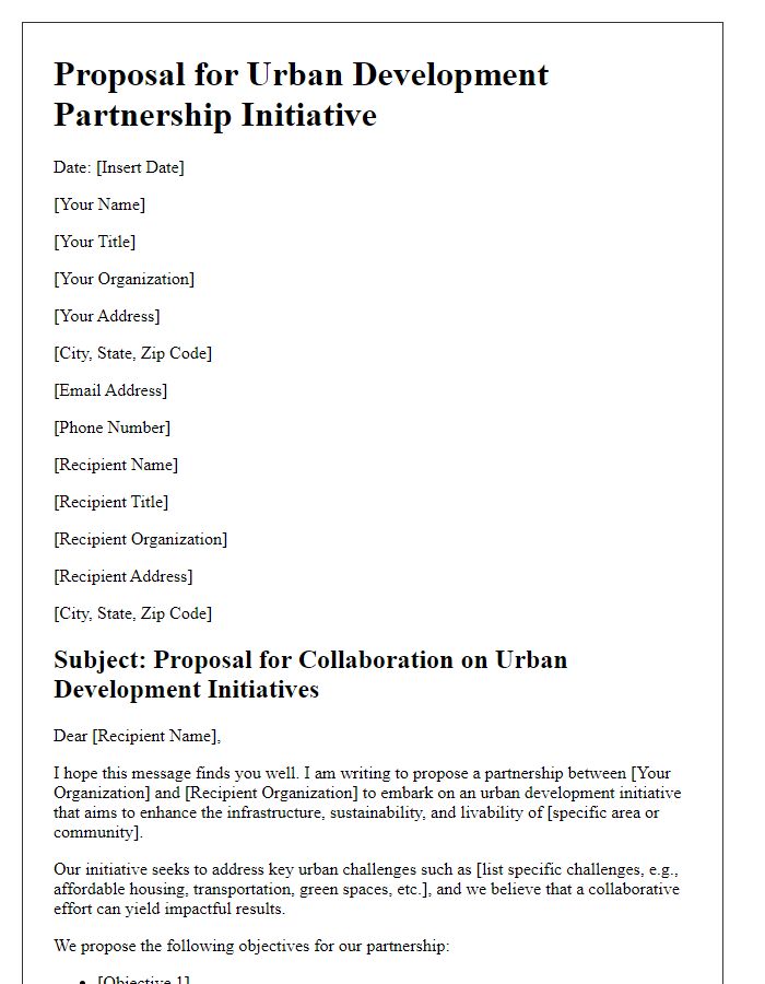 Letter template of proposal for urban development partnership initiative.