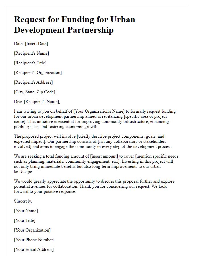 Letter template of request for funding in urban development partnership.