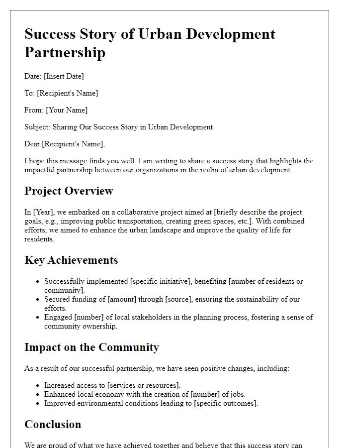 Letter template of success story sharing in urban development partnership.