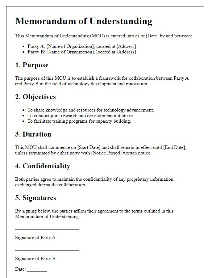 Letter template of memorandum of understanding for tech collaboration