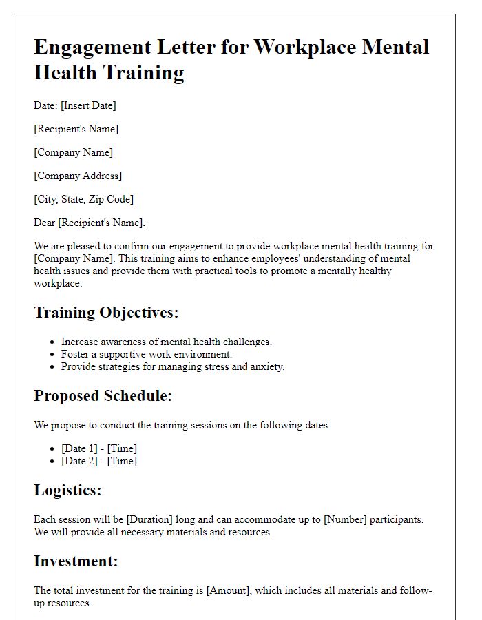 Letter template of engagement for workplace mental health training