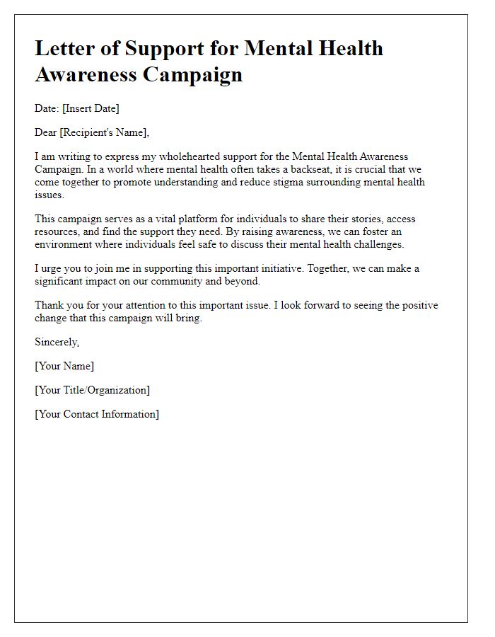 Letter template of support for mental health awareness campaign