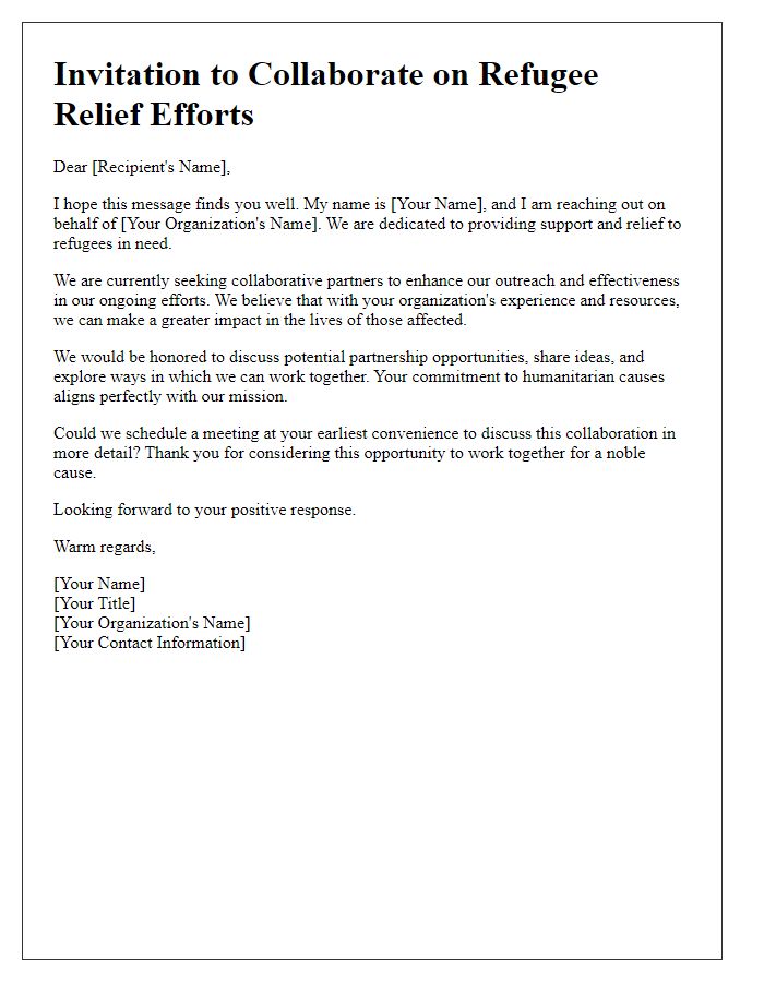 Letter template of collaboration invitation for refugee relief efforts