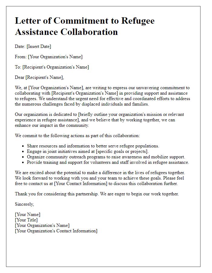 Letter template of commitment to refugee assistance collaboration