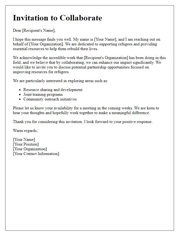 Letter template of invitation to collaborate on refugee resources