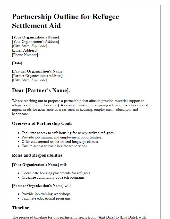 Letter template of partnership outline for refugee settlement aid