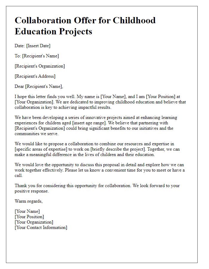 Letter template of collaboration offer for childhood education projects.