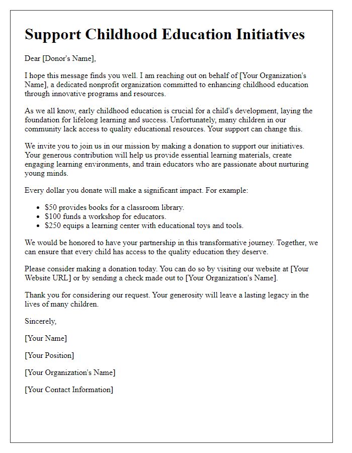 Letter template of donation solicitation for childhood education initiatives.