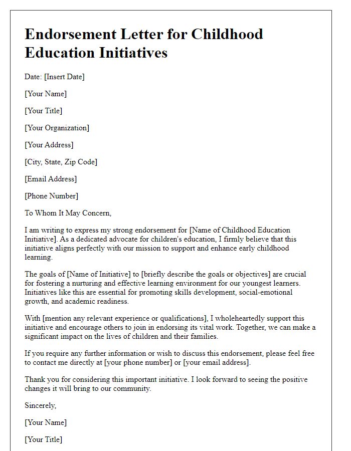 Letter template of endorsement for childhood education initiatives.