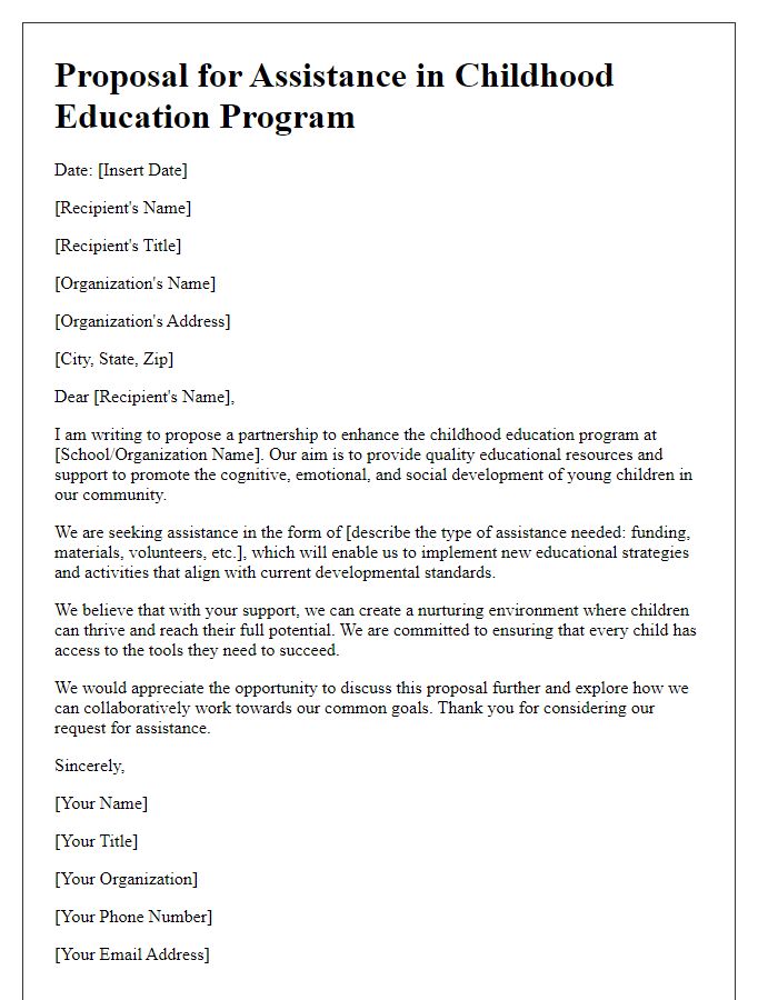 Letter template of proposal for childhood education program assistance.