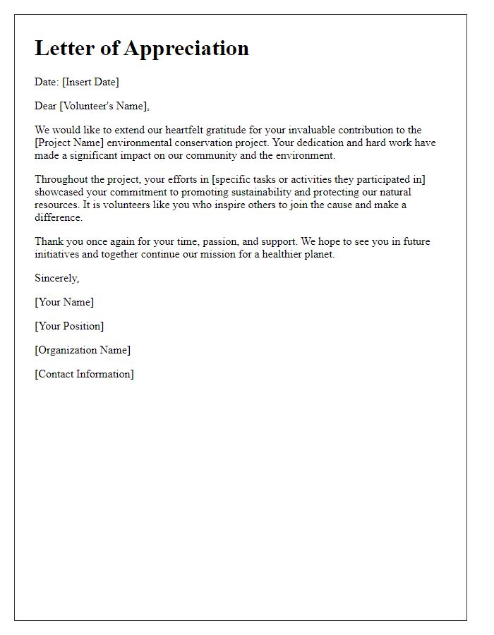 Letter template of appreciation for volunteers in an environmental conservation project