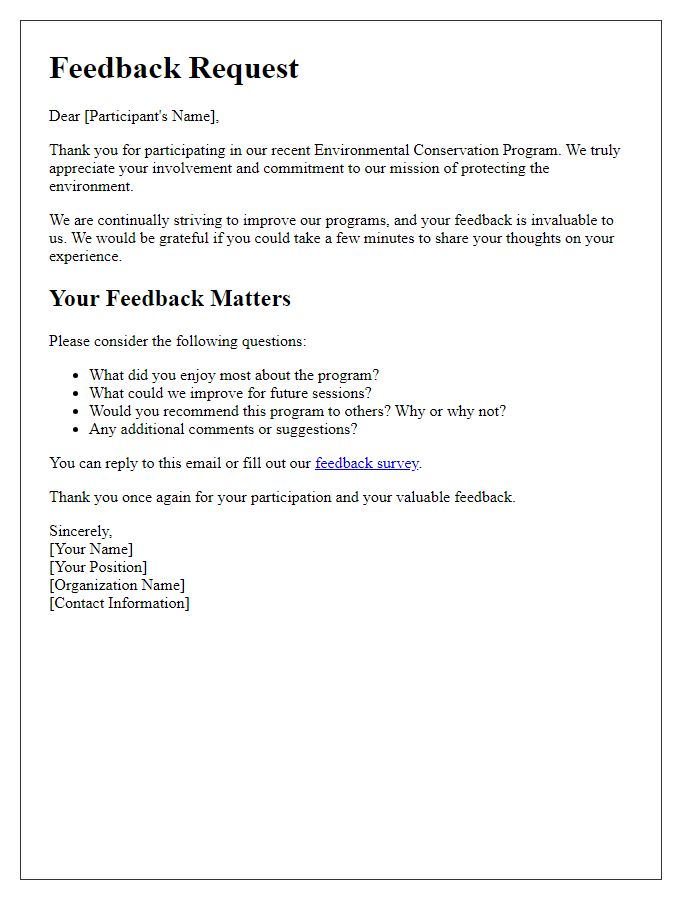 Letter template of feedback request from participants in environmental conservation programs