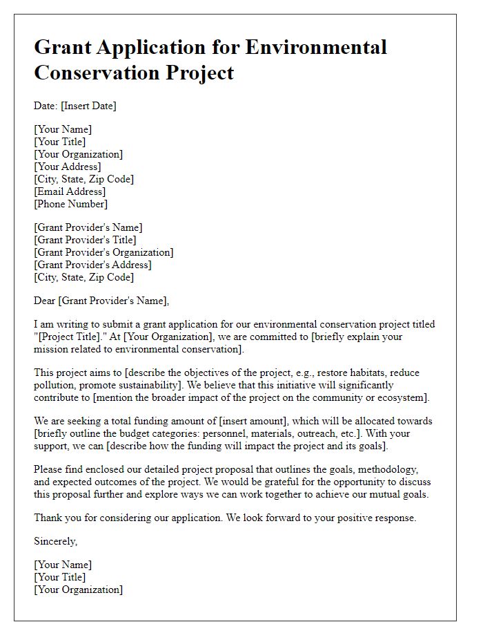 Letter template of grant application for an environmental conservation project