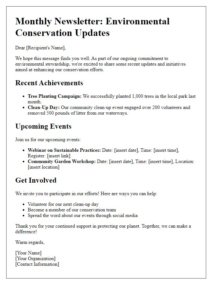 Letter template of newsletter for updates on environmental conservation efforts