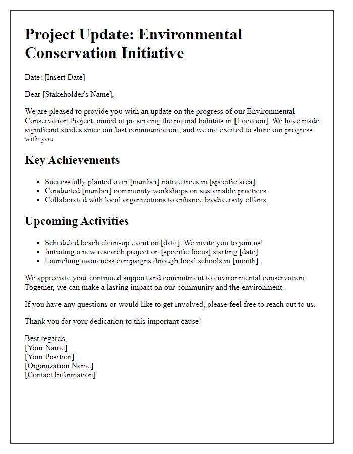 Letter template of update on the progress of an environmental conservation project