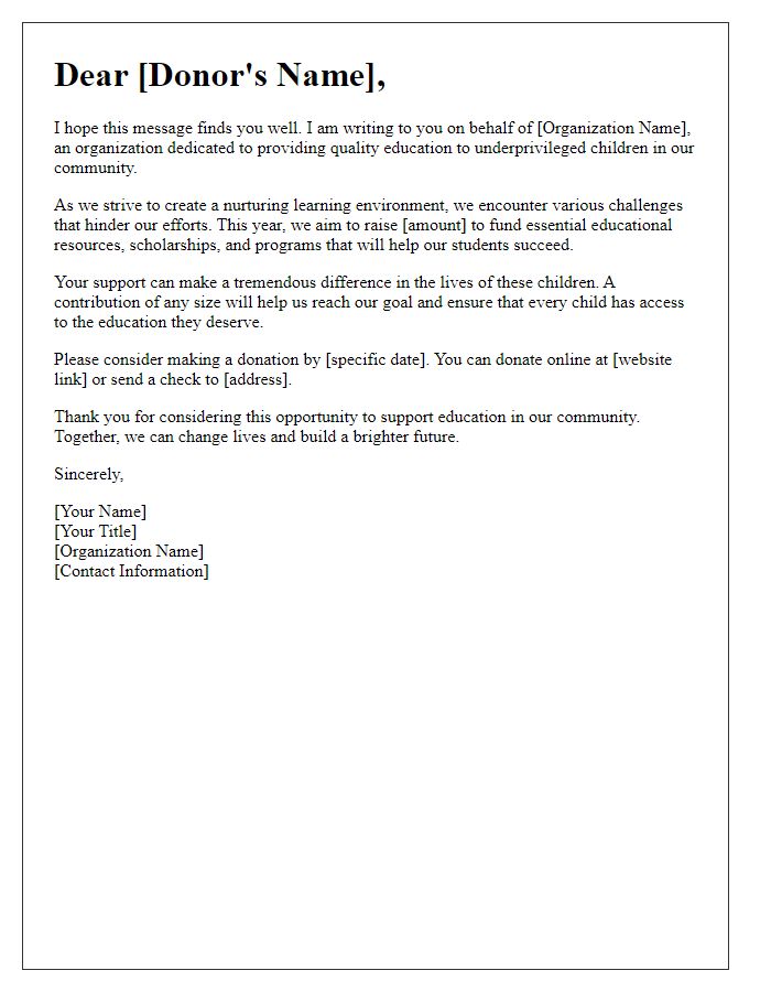 Letter template of fundraising letter for educational support.