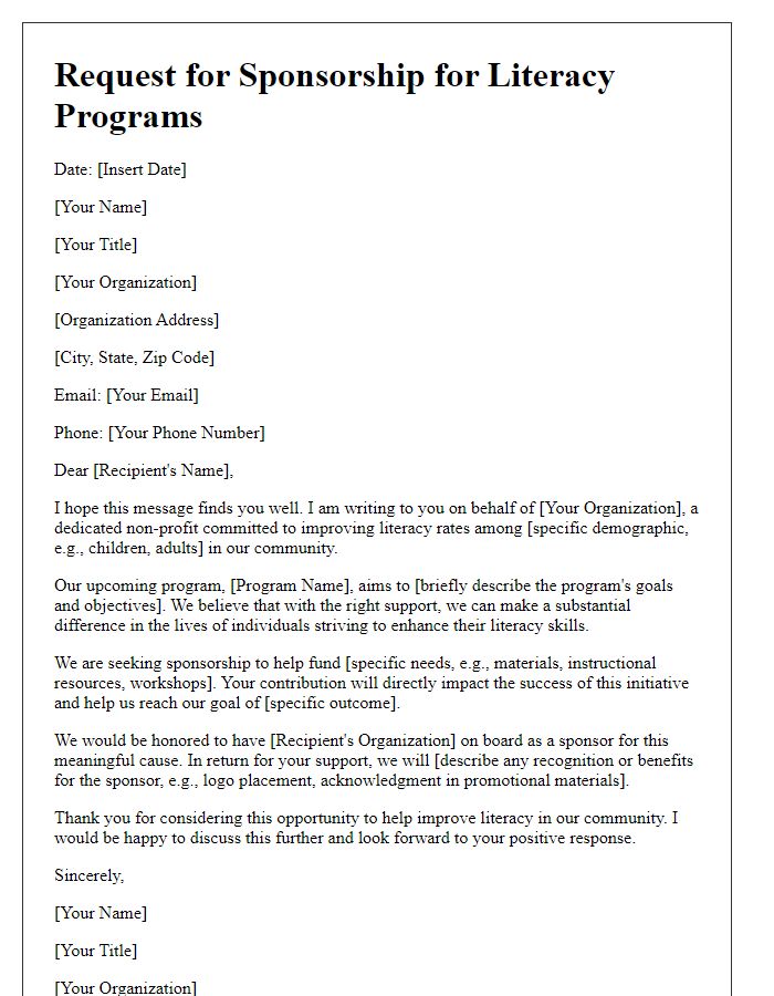 Letter template of sponsorship request for literacy programs.