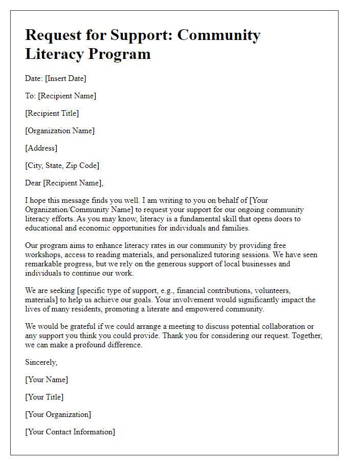 Letter template of support request for community literacy efforts.