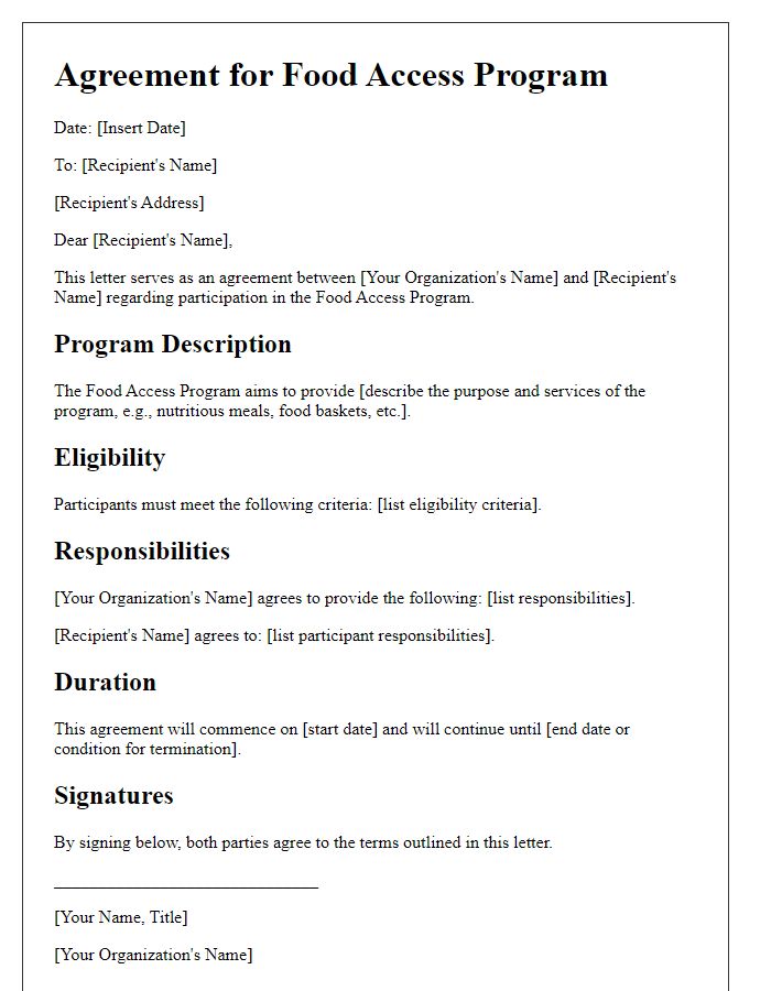 Letter template of agreement for food access program