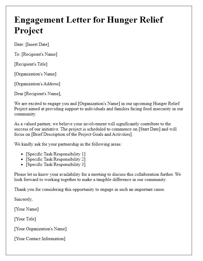 Letter template of engagement for hunger relief project