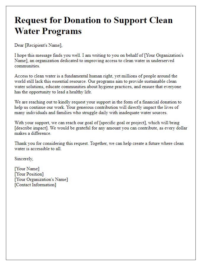 Letter template of donation request for clean water programs