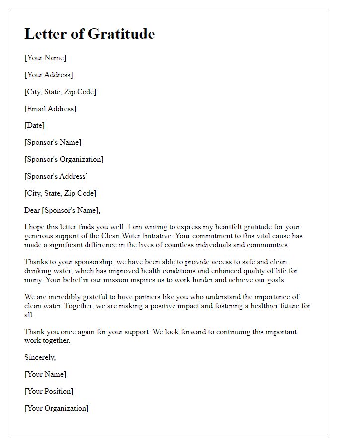 Letter template of gratitude for clean water initiative sponsors