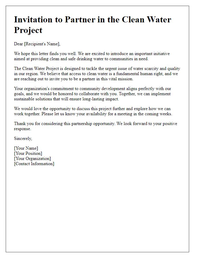 Letter template of partnership invitation for clean water project