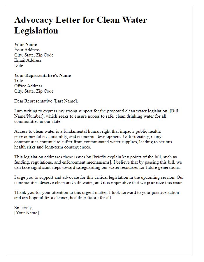 Letter template of policy advocacy for clean water legislation