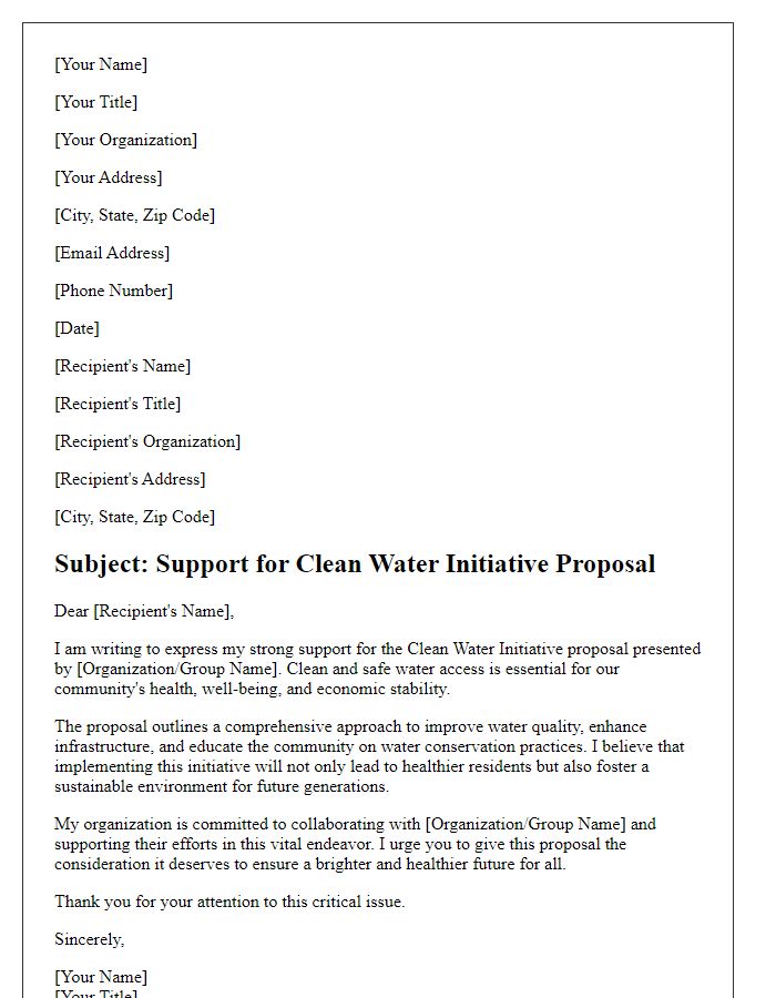 Letter template of support for clean water initiative proposal