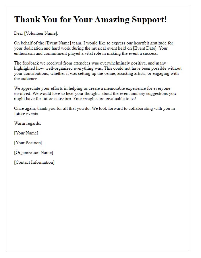 Letter template of feedback for volunteers after a musical event