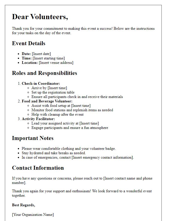 Letter template of instructions for volunteers on day-of-event tasks