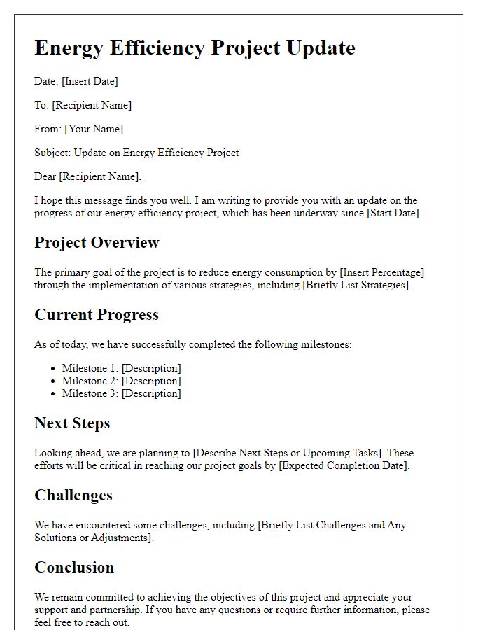 Letter template of an energy efficiency project update