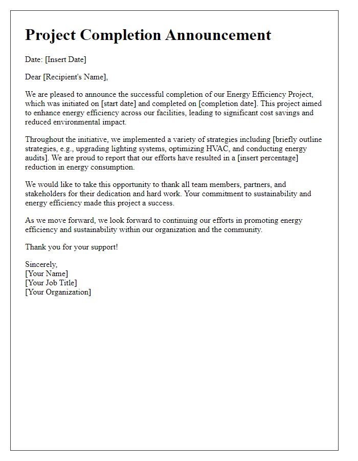 Letter template of a project completion announcement for energy efficiency