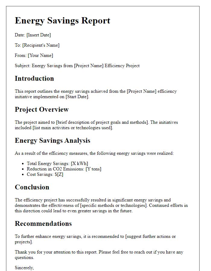 Letter template of a report on energy savings from efficiency project