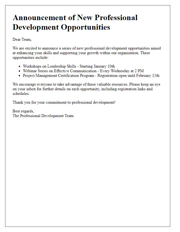 Letter template of announcement for new professional development opportunities