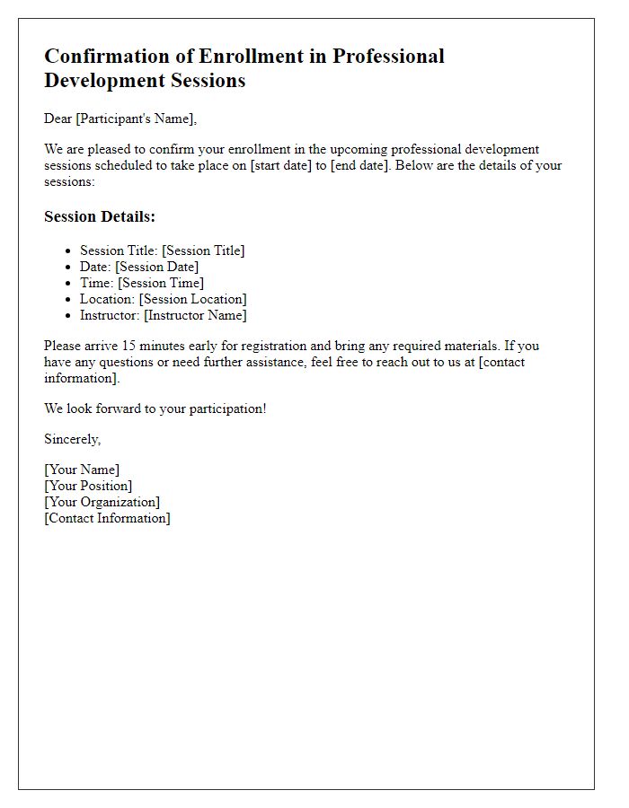 Letter template of confirmation for professional development sessions