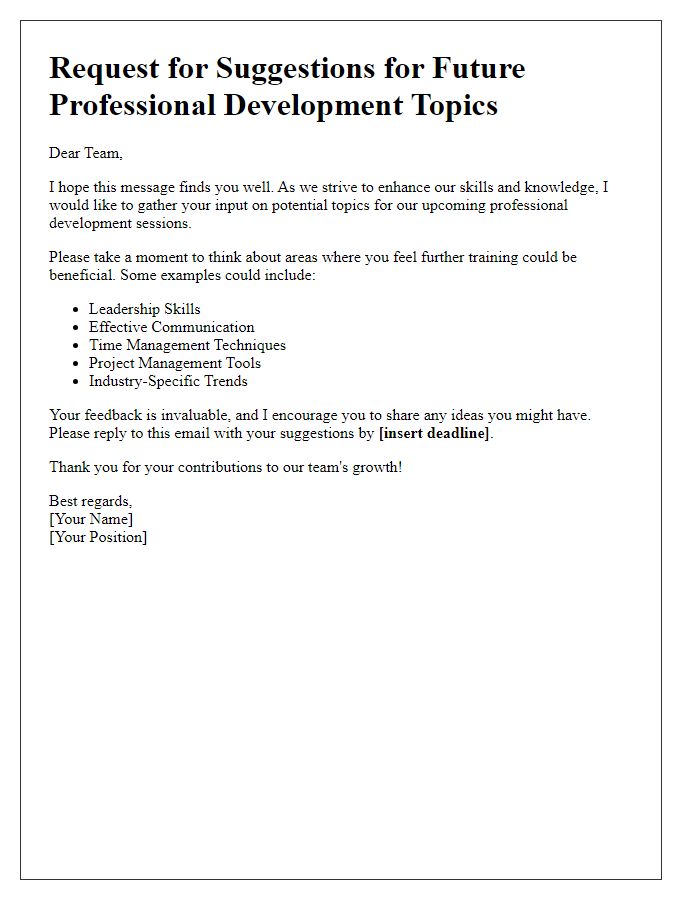 Letter template of request for suggestions for future professional development topics