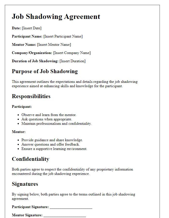 Letter template of job shadowing agreement for skill enhancement