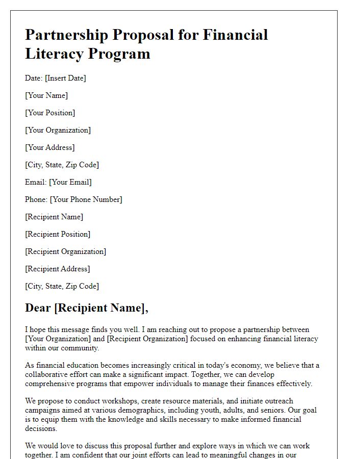 Letter template of financial literacy partnership proposal