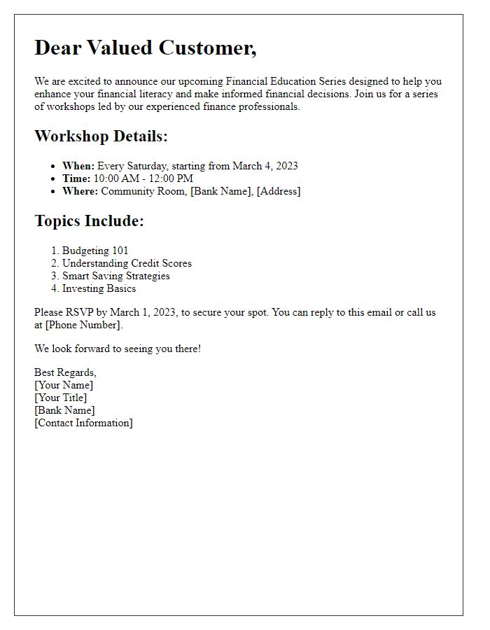 Letter template of local bank's financial education series